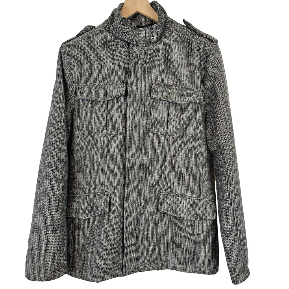 Ben Sherman Gray dark Carbon Military‎ Jacket Wool Herringbone Epaulettes, M